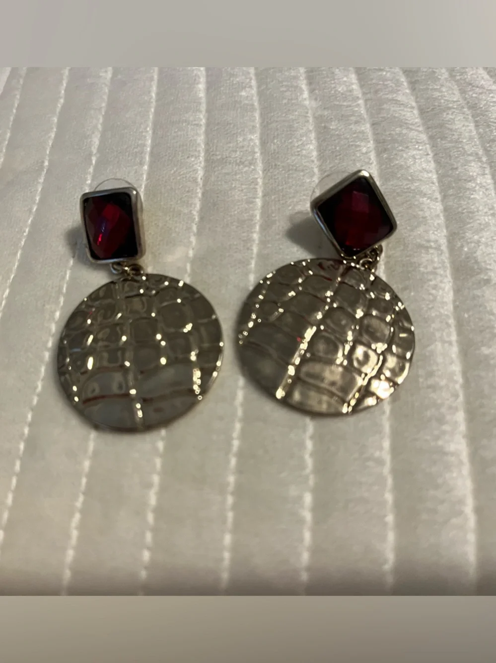 Gold Drop Earrings with Deep Red Gem Accents - Picture 2 of 2